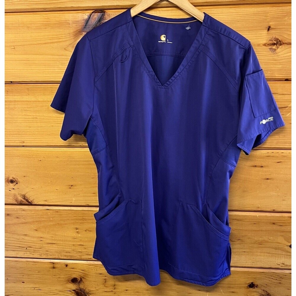Carhartt Scrub Top Womens Large Force Purple Pockets V-Neck Short Sleeve Medical
